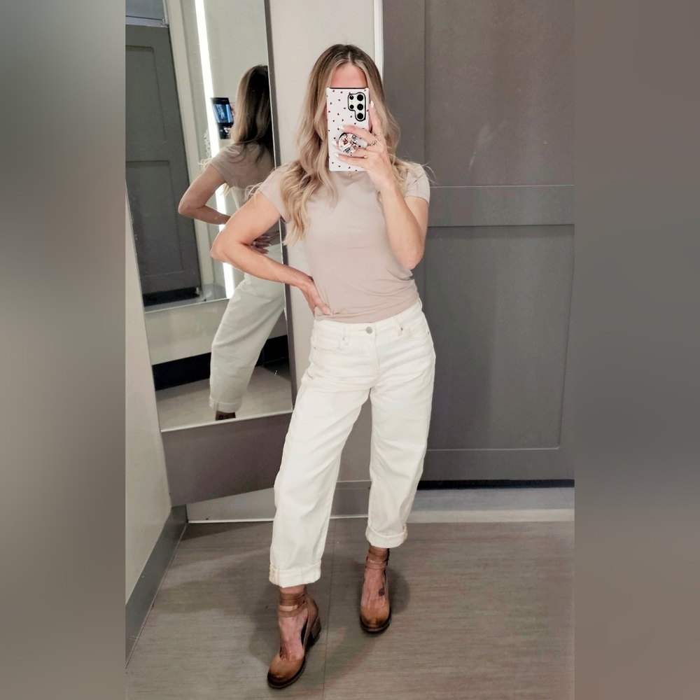 Risen High Rise Barrel Jeans Stretch Cuffed Relaxed Neutral Cream Various NEW - Picture 2 of 12